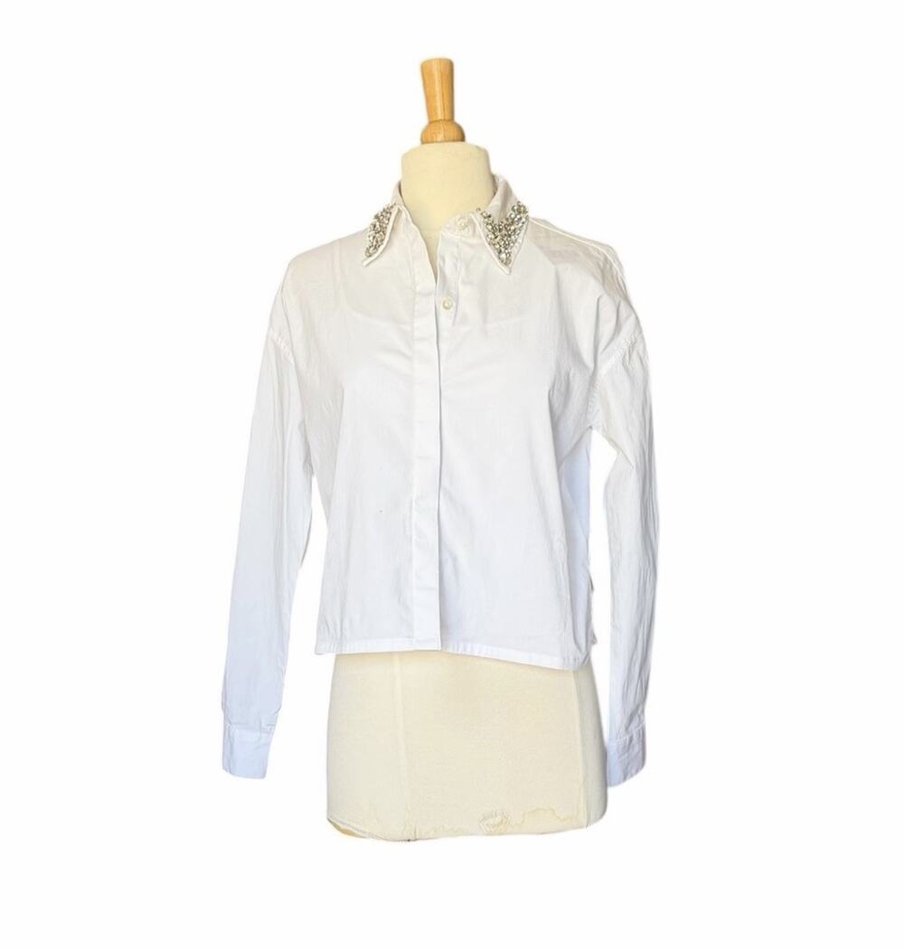 Tuckernuck White Button Down Crop Jasper Shirt Jeweled EmbellishedCollar XS NWT